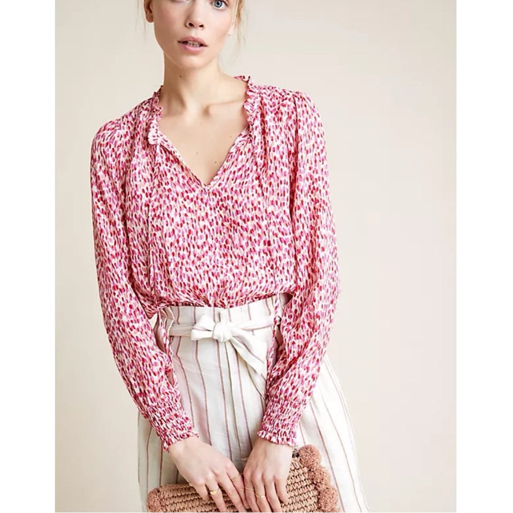 Anthropologie Pink and White Printed Long-Sleeve Blouse